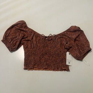 Billabong Brown Leopard Print Puff Sleeve Crop Top